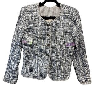 Theyskens' Theory Jacket Womens Medium Blue White Tweed Jitane Boucle Button USA